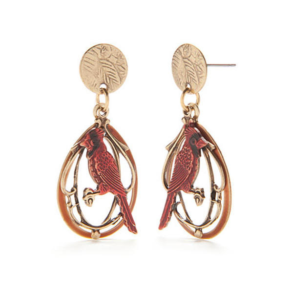 Silver bird earrings with two hearts - Jill Stewart